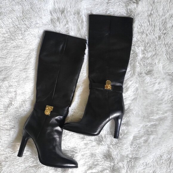 Michael Kors Black Leather Knee-High Boots Gold Hardware  Size 7.5M - Picture 2 of 9